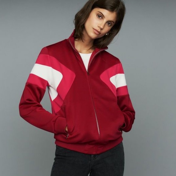 Maje Track Jacket Red Pink White Colorblock 40 Full Zip Front Retro Streetwear - Picture 1 of 13